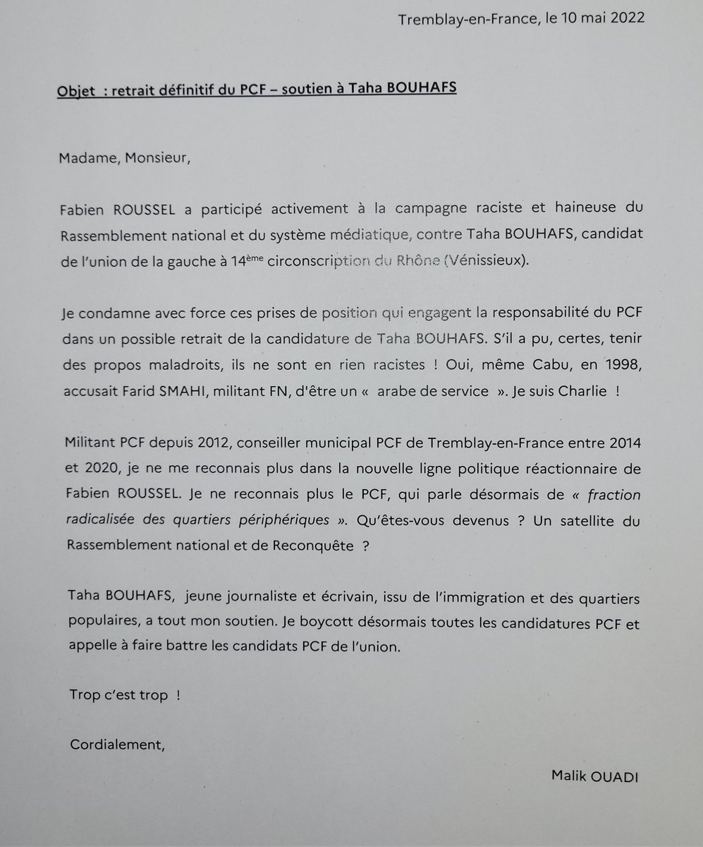 MalikOuadi's tweet photo. Je quitte officiellement le PCF.
✊🇨🇵���️‍🌈🇪🇺

@T_Bouhafs 
@JLMelenchon 
@FranceInsoumise
@EELV
@partisocialiste
@Clem_Autain 
@NUPES_2022_ 
@PCF 
@deputesPCF 
@PCF_Paris 
@Fabien_Roussel https://t.co/wUccascDGn