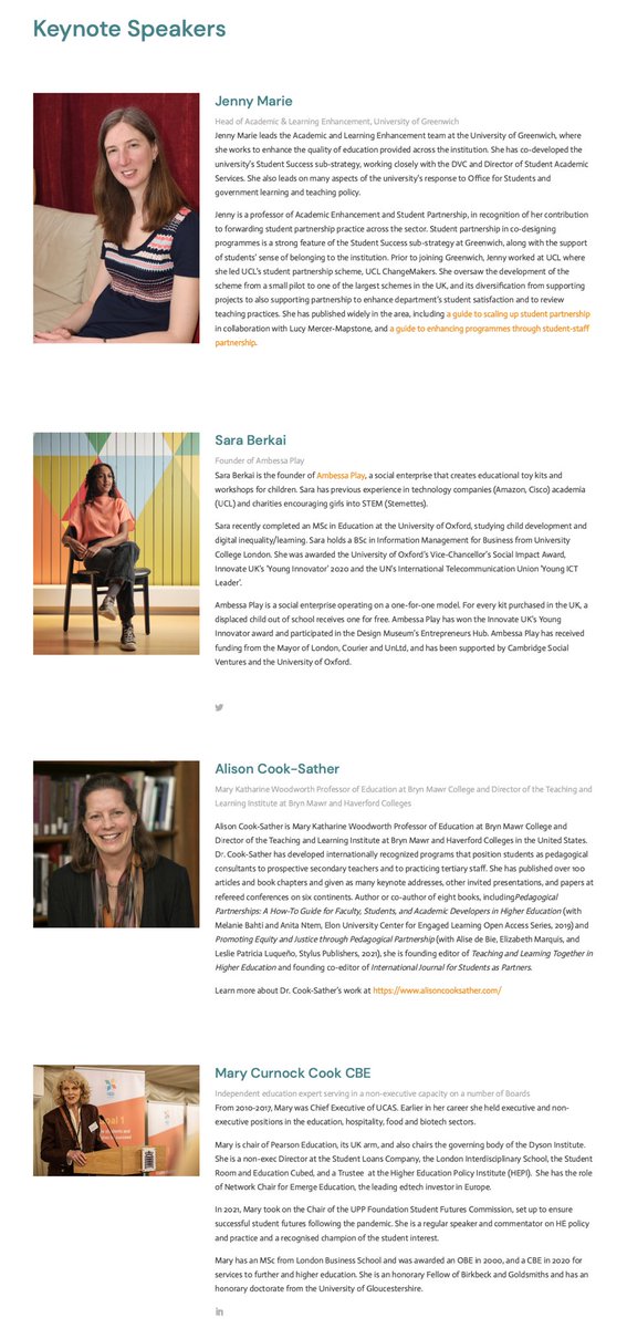 We are delighted to introduce our keynote speakers this year <a href="/JennyAMarie/">Jenny Marie</a> @saraberkai #AlisonCookSather <a href="/MaryCurnockCook/">Mary Curnock Cook</a> Find out more about our full programme: reflect.ucl.ac.uk/canconference2…

<a href="/Jisc/">Jisc</a> <a href="/UCLArena/">UCL Arena</a> <a href="/UCLChangeMakers/">UCL ChangeMakers</a> #CANconference2022 #studentpartners