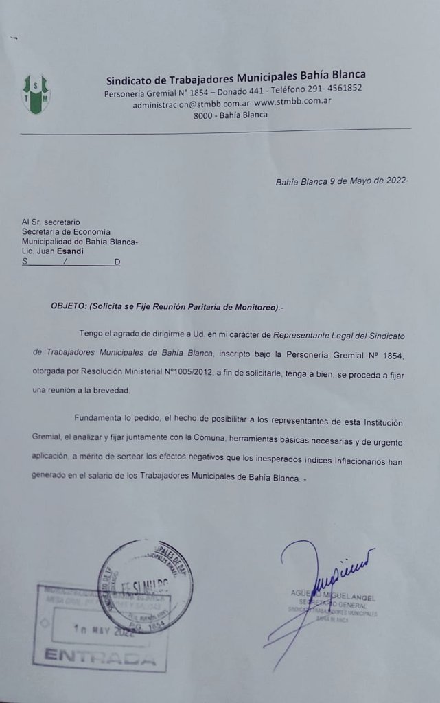 stmbb's tweet photo. Acompañando el pedido de las bases, se presenta nota ante el Departamento Ejecutivo, solicitando reunión de revisión de paritaria de monitoreo.

@Aguero_M_A https://t.co/Xl1KKQbVKn