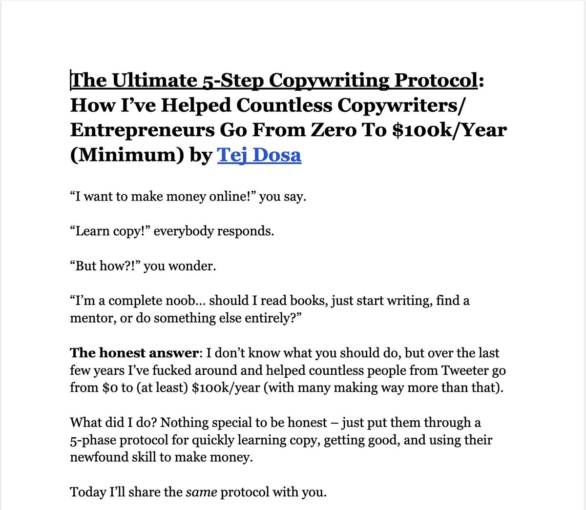ComedicBizman's tweet image. A THREAD aka 'FREE' MINI COURSE
"Ultimate 5-Step Copywriting Protocol: How I Helped Countless Copywriters Go From $0 to $100k/Year (Minimum)...
Reveals: Full protocol + worksheets/guides/checklists (everything you need)
Words: 5,169
Google Doc Link: docs.google.com/document/d/12b…