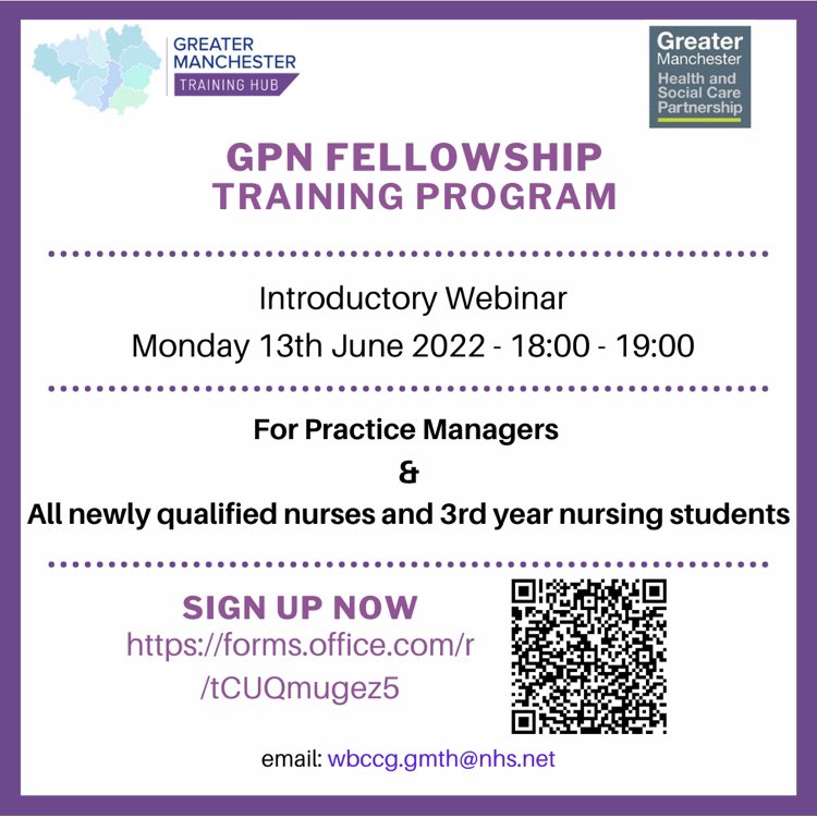 TGPCT_Academy's tweet photo. Are you a newly qualified nurse or a manager who employs new nurses? We are part of an introductory session to the General Practice Nurse Training Programme. Please take a look. #nursetraining #tameside https://t.co/v5xXScZ0A6