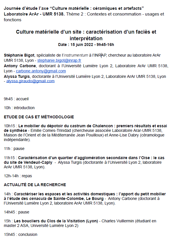🎙 - JOURNÉE D'ÉTUDE - ⛏

Stud'Archéo diffuse 📣

Le laboratoire ArAr organise une journée d'étude pour discuter sur la caractérisation et l'interprétation d'un faciès dans le cadre de la culture matérielle d'un site archéologique !🏺 

Toutes les informations ci-dessous ⬇️⬇️⬇️