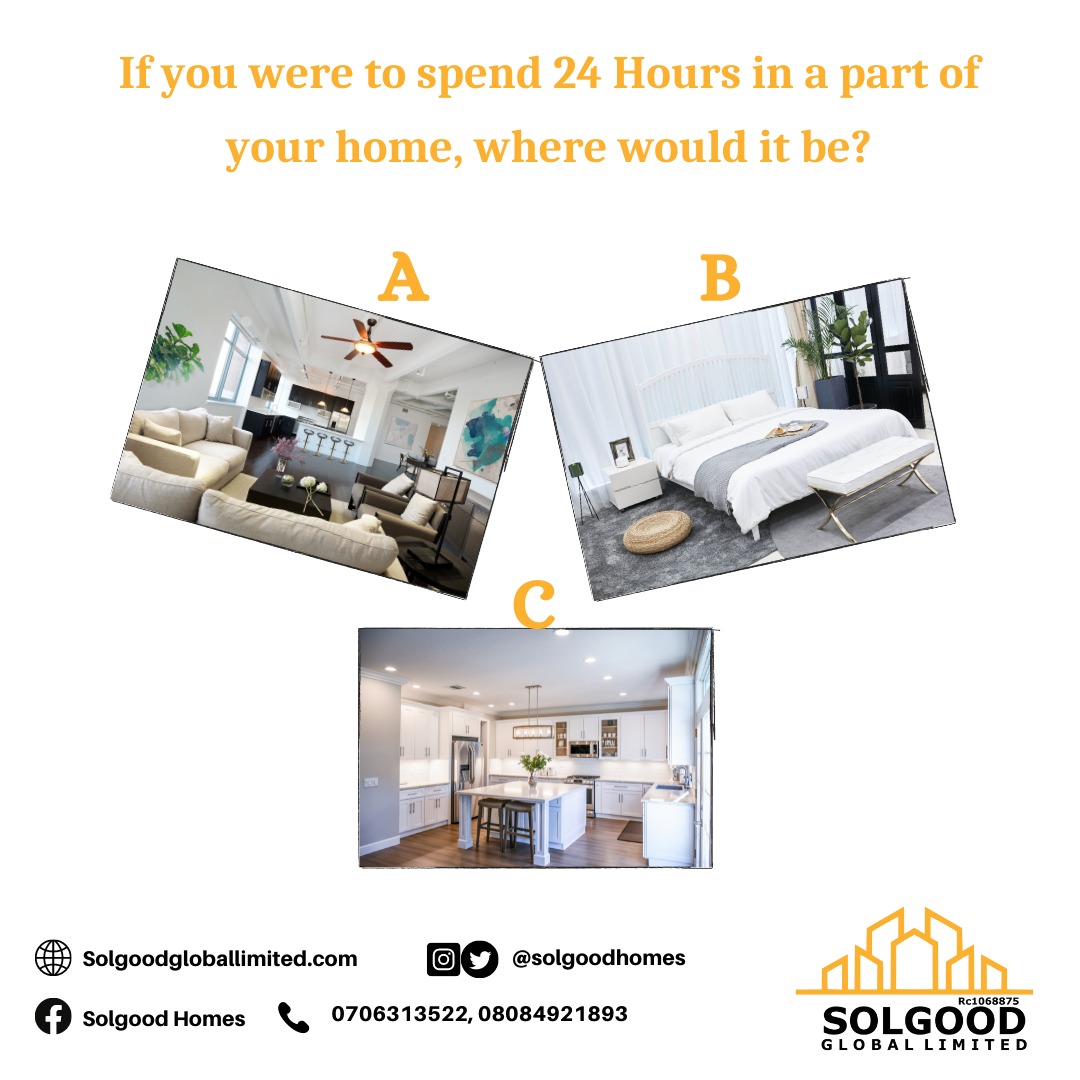 Solgoodhomes's tweet photo. In which part of your home can you spend a whole day?😉

A - Living Room
B - Bedroom
C - Kitchen

#funtuesday
#home
#realestate 
#lagosnigeria 
#solgoodhomes https://t.co/m3OGczQ7Ep