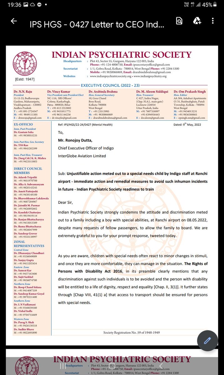 ips_sm's tweet photo. Indian Psychiatric Society(IPS) condemns unjustifiable action meted out to a special needs child by Indigo staff at Ranchi airport and offers remedial measures to avoid such incidents in future by it’s readiness to train aviation staff of all airports. #justiceforspecialchild https://t.co/EdnZkZIfkQ