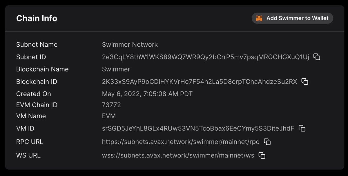 _patrickogrady's tweet photo. 🦀🦀The @swimmer_network Subnet Explorer and APIs are now live!🦀🦀

Explorer: https://t.co/47Qb6eXPTg
API: https://t.co/xraj2NllcU
WebSockets: wss://subnets.avax.network/swimmer/mainnet/ws

Pro Tip: Add this subnet to MetaMask by clicking "Add Swimmer to Wallet" on the Explorer! https://t.co/DjNElS6waW