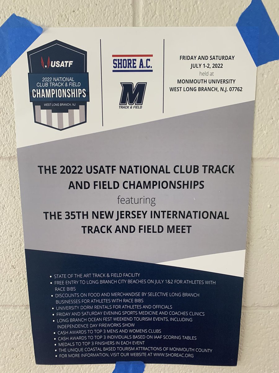 TheShoreAC's tweet image. The one &amp;amp; only @usatf National Club Track &amp;amp; Field Championships, featuring the 35th NJ International Meet, will be held @monmouthu along with @MUHawksXCTF on July 1-2. Registration for club &amp;amp; unattached athletes (with youth, open &amp;amp; masters events) is open now via SimplyRegister.