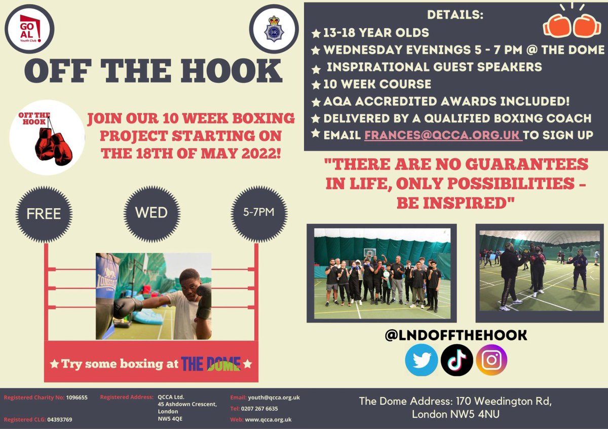 QCCA_ltd's tweet photo. Want to learn to box? @Lndoffthehook is starting again and it’s free to 13-18 year olds. Every Wednesday evening for ten weeks. Info below. @metpoliceuk @CamdenFoodbank @ChalkFarmSA @healthandthings @haverstocktweet @LaSainteUnion @laswapsixthform @band_brothersuk https://t.co/E2JuTwhjJu