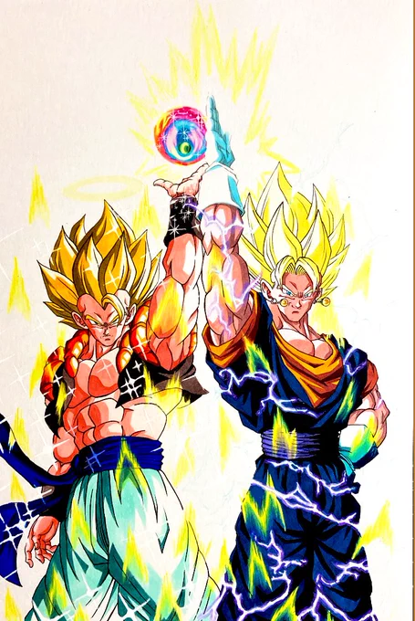 「この世を守るもの  あの世で倒すもの」

超ベジットと超ゴジータを描きました‼️
ベジットは金髪なると登場時バチバチ
ゴジータは金髪で誕生時のみキラキラ
が特別感あって好きです✨

背景もし見たい方いれば頑張ります💪
 #ドラゴンボール #イラスト
 #dragonball  #ゴジータ #ベジット
 #コピック 