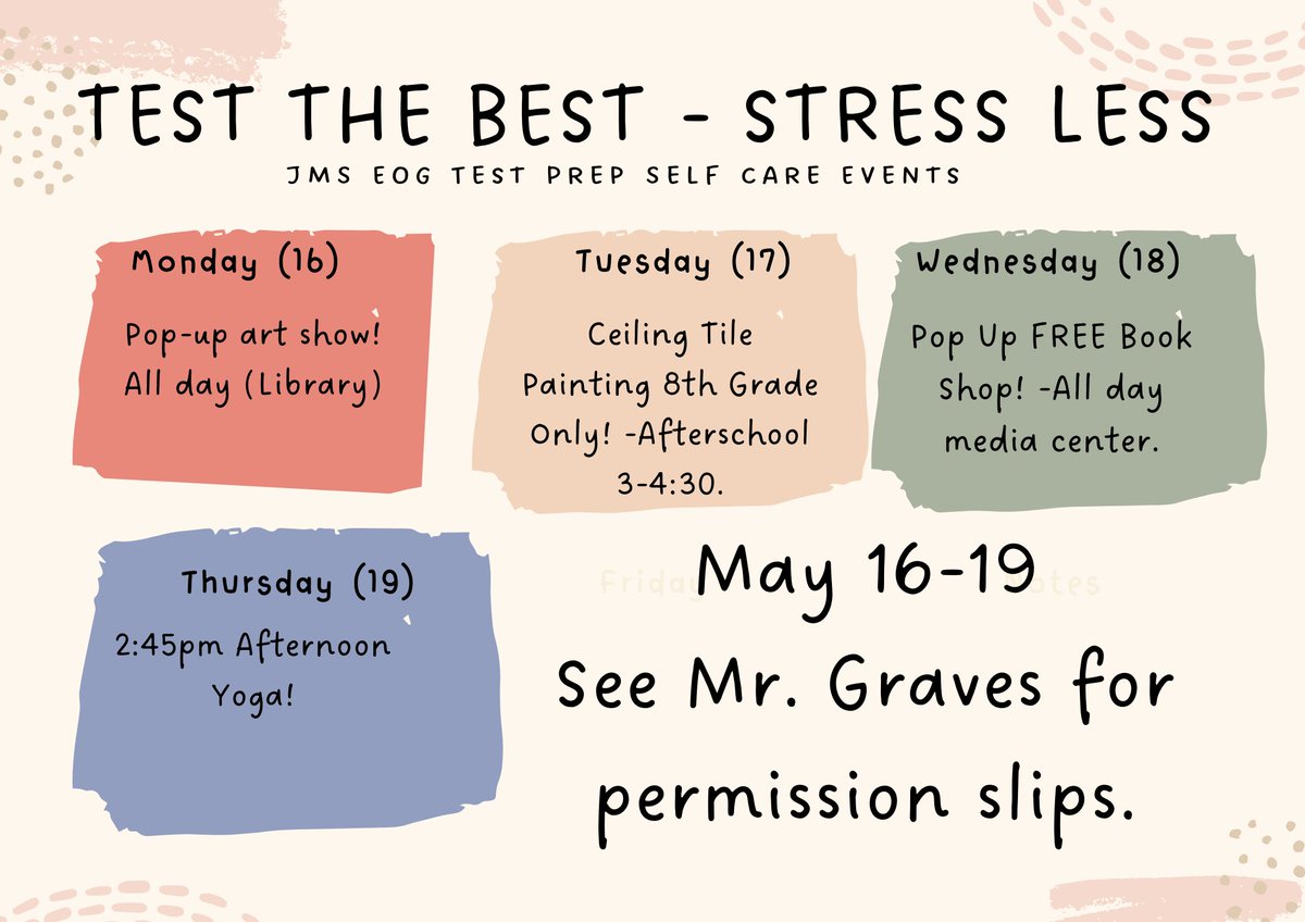 WCJackson4's tweet photo. Testing can be stressful take a moment and refocus with a week of self care events! https://t.co/Hwvsd9Vo97