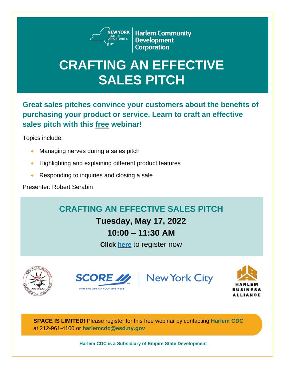 CRAFTING AN EFFECTIVE SALES PITCH

Great sales pitches convince your customers about the benefits of purchasing your product or service. Learn to craft an effective #sales pitch with this free webinar!

#Harlem #Webex #webinar 

meetny.webex.com/meetny/onstage…