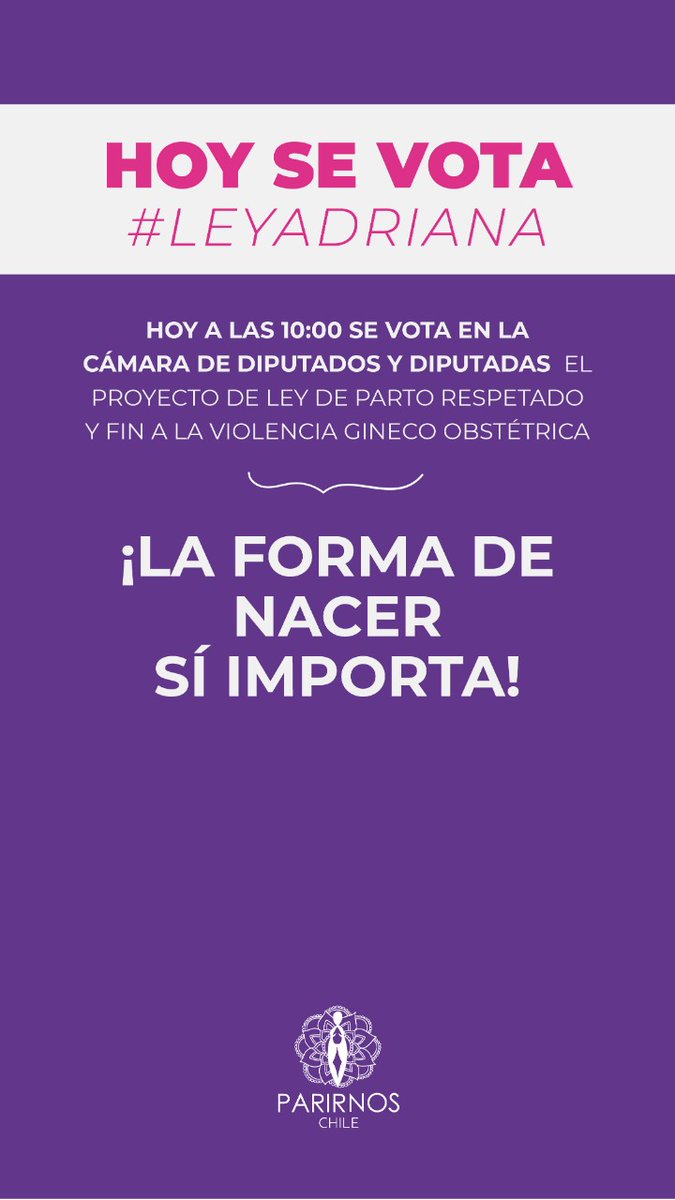 #LeyAdriana
Lleva este nombre debido al grave caso de violencia obstétrica sufrido por Adriana Palacios y su hija Trinidad, quien fallece durante el parto. 

<a href="/Claudia_Mix/">Diputada Claudia MIX 💜🇨🇱</a> <a href="/Camara_cl/">Diputadas y Diputados de Chile</a> <a href="/KarolCariola/">Karol Cariola Oliva</a> <a href="/diputadonaranjo/">Jaime Naranjo</a> <a href="/carmen_hertz/">Carmen Hertz</a> <a href="/BarchiesiDip/">Diputada Chiara Barchiesi 🇨🇱</a> <a href="/boris_barrera/">Diputado Boris Barrera</a> <a href="/PamJiles/">#PamelaJilesDiputada</a> <a href="/gonzalowinter/">Gonzalo Winter 🇨🇱</a>