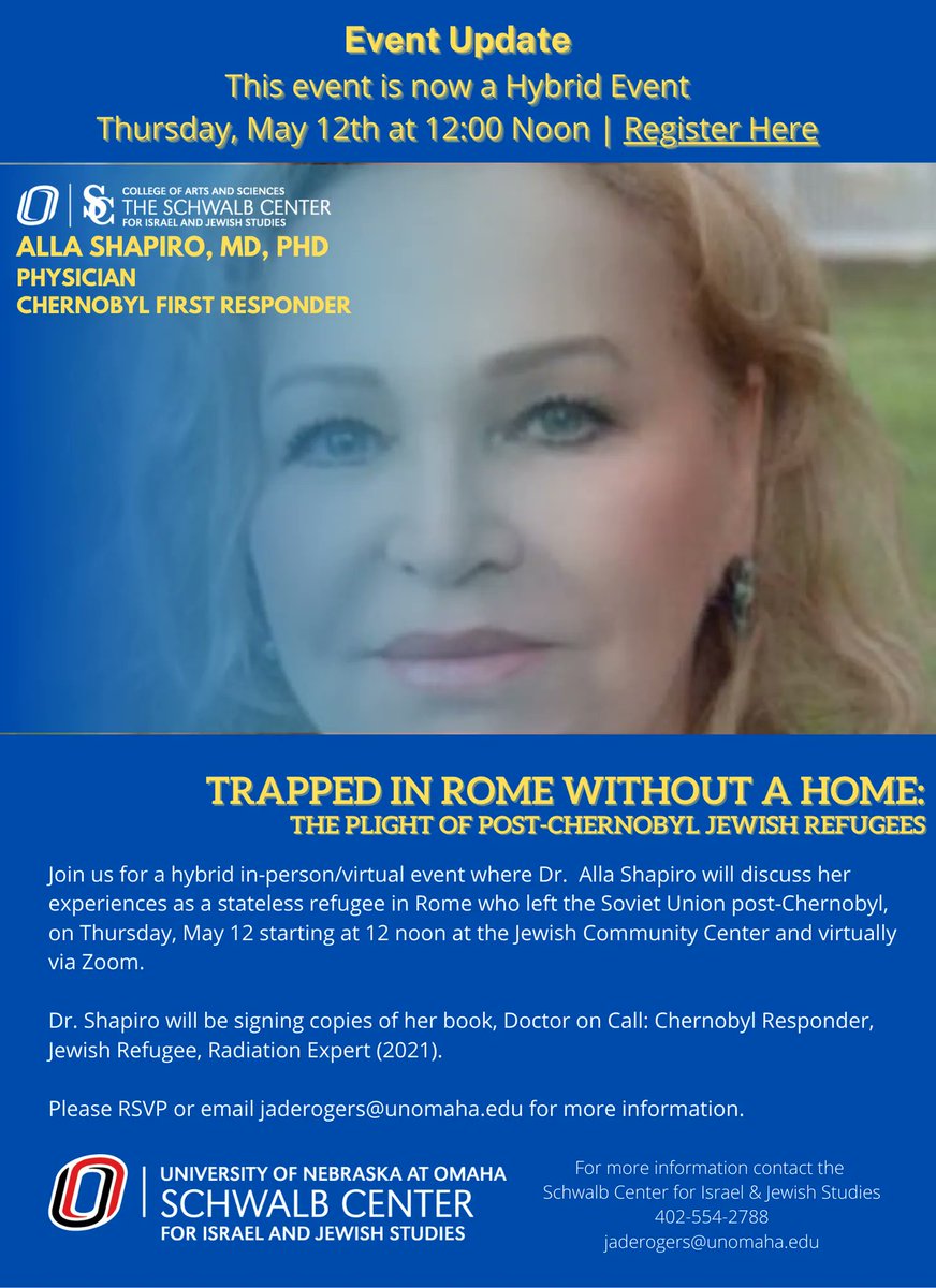 SchwalbCtr's tweet photo. EVENT UPDATE
Join us for a hybrid virtual/luncheon discussion + book signing. Dr. Alla Shapiro will discuss her experiences as a refugee in Rome fleeing the Soviet Union after Chernobyl, on Thursday, May 12, 2 noon on Zoom and at the JCC. Please RSVP at https://t.co/JYYq7B1cnU https://t.co/ThRKoKue13