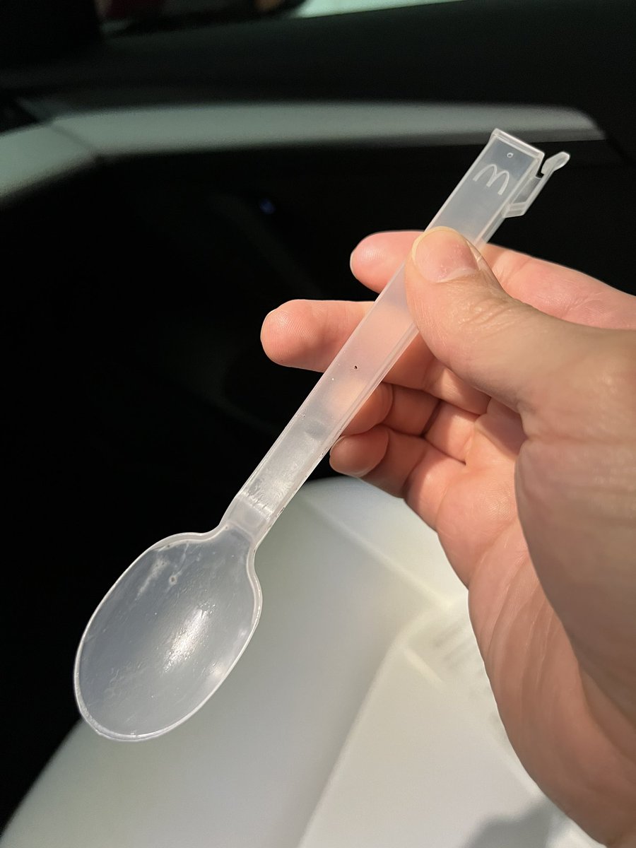 chuggaaconroy's tweet photo. McFlurry spoons bother me. Why is there a clip? Does it attach to something? Why is the handle square-shaped &amp; hollow? Why is there a hole? No other plastic spoon is remotely this way, not even other spoons from McDonald’s, yet it’s unchanged for 20 years. It must have a reason! https://t.co/IhQwkGDo7O