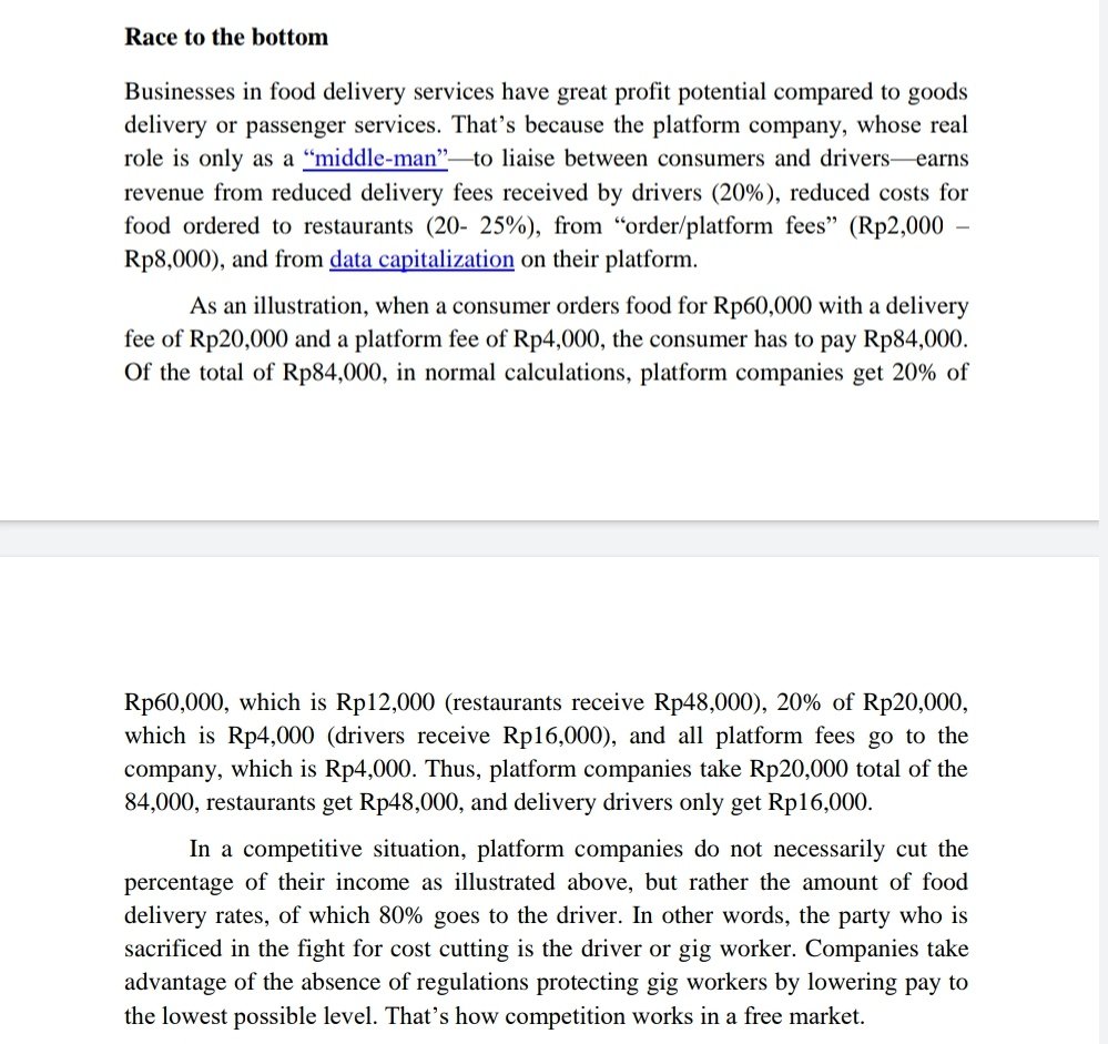 Perkembangan perusahaan platform di Indonesia dari hari ke hari tak hanya semakin mencekik pengemudi tapi juga pihak resto/pedagang. Sebagai ilustrasi konsumen beli makanan habis 84k: resto dpat 48k, perusahaan platform dpat 20k, pengemudi 16k

Slngkapnya: researchgate.net/publication/35…