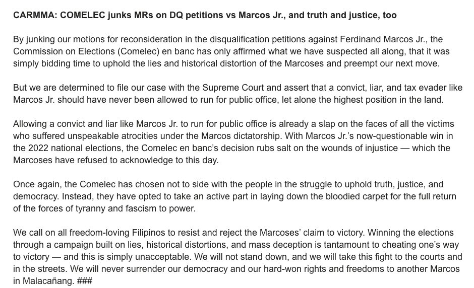 jauhnetienne's tweet photo. Martial law victims' group CARMMA blasts Comelec for junking w/ finality their DQ case vs Marcos, Jr.

"Comelec has chosen not to side with the people... They opted to take part in laying down the bloodied carpet for the full return of the forces of tyranny and fascism to power." https://t.co/YzVD8Zcbvn