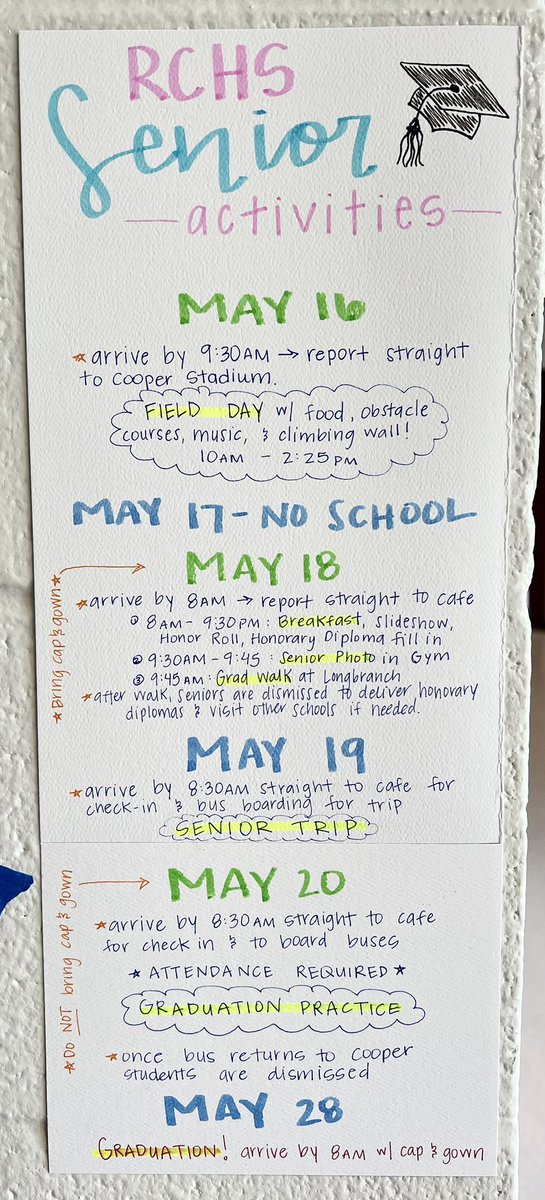 Attn SENIORS! Here is a snapshot of what your week looks like with all Senior activities 🎉 Make note of times and places you’ll report to. More info online, but I thought this would be helpful to some. <a href="/RCHSclass2022/">RCHSclass2022</a>