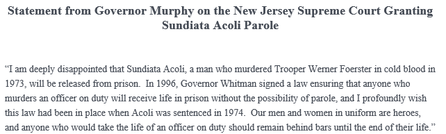 GovMurphy's tweet photo. I am deeply disappointed that Sundiata Acoli, a man who murdered Trooper Werner Foerster in 1973, will be released from prison. Our men and women in uniform are heroes, and anyone who would take the life of an officer on duty should remain behind bars until the end of their life. https://t.co/xCRTz5ms30