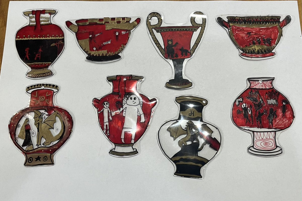Origamimom's tweet photo. My students illustrated their Greek myths on Shrinky Dinks and then used them as artifacts in a temple they designed and built. Next step, use green screen so they can describe their work from inside their own temple. They turned out great! https://t.co/ADIhkmEdk0