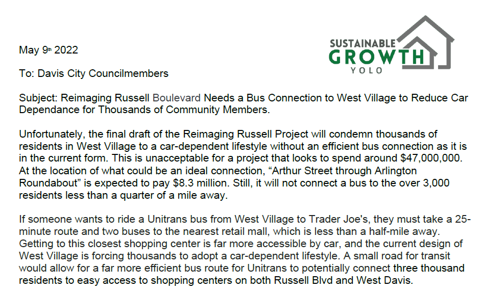 YoloYIMBY's tweet photo. City of Davis is going to spend $47 million to improve Russell Blvd but will NOT build a 1/4 a mile bus route to reduce the auto dependence of over 3,000 residents. 

Please call 530-757-5693 after 12pm to request building a bus-only connection to West Village and Russell Blvd. https://t.co/FlTrobpAmp
