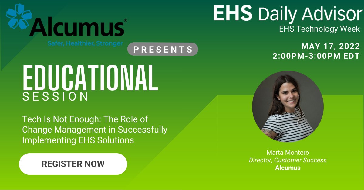 EHSLdrs's tweet image. Want to learn the keys to successfully implementing an #EHSTech solution? Then join  @alcumusNA on May 17th for a special #EHSTechWeek2022 webinar! Register for this free session before time runs out: bit.ly/3vFYv04
