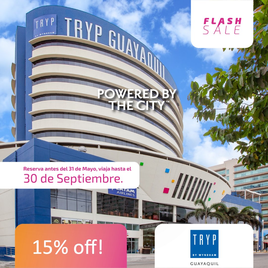 ¡Aprovecha nuestro Flash Sale!, 🤩 disfruta del 15% de descuento reservando del 10 al 31 de mayo y hospédate hasta el 30 de septiembre. 💙
Reserva ya:
📞 04-2595900
📲0989983810 
📩 reservas@trypguayaquil.com

#trypbywyndhamguayaquil #ecuador #guayaquil