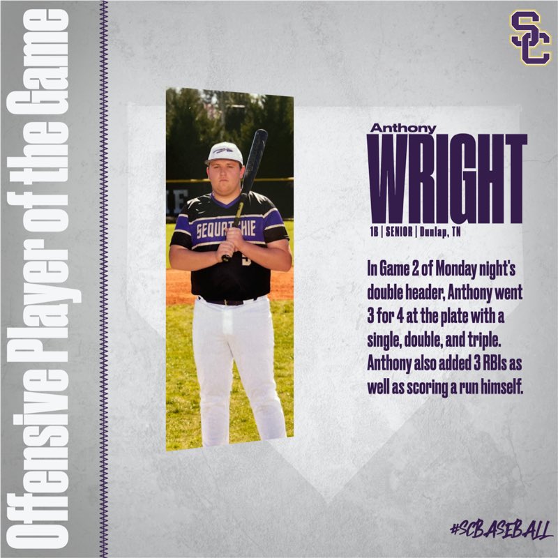 SeqCoBaseball's tweet photo. Game 2 Offensive Player of the Game https://t.co/fqJY1eRx6r