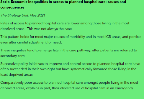 MidlandsDSN's tweet photo. There is consistent and growing inequality in the use of elective care.
Wealthier groups receive more elective care than poorer groups.
This pattern has emerged over recent years.
This can be addressed by local services!

2021 analysis report: https://t.co/MAjdjNisxq https://t.co/Ukd7t6Jqxu