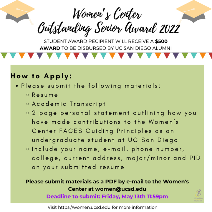 UCSDWC's tweet photo. 📣THIS Friday! Check out the post for more info on how to apply as well as criteria. If you have any questions or would like to submit the materials required, email them to women@ucsd.edu 😊 

Deadline to submit: May 13th (Friday) https://t.co/0Mccgdv1nb