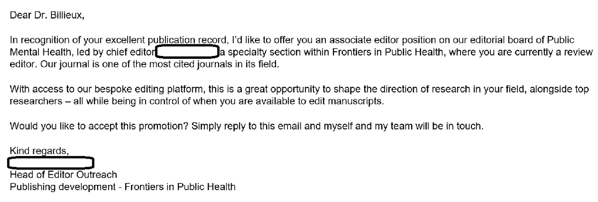 JoelBillieux's tweet photo. What ? But this is not true ... I am not Review Editor for Frontiers in Public Health. And I keep telling them I will no more review, edit, or write for them. This is annoying.
#academicspam #frontiers #predatorypractices https://t.co/VKCiby9IcZ