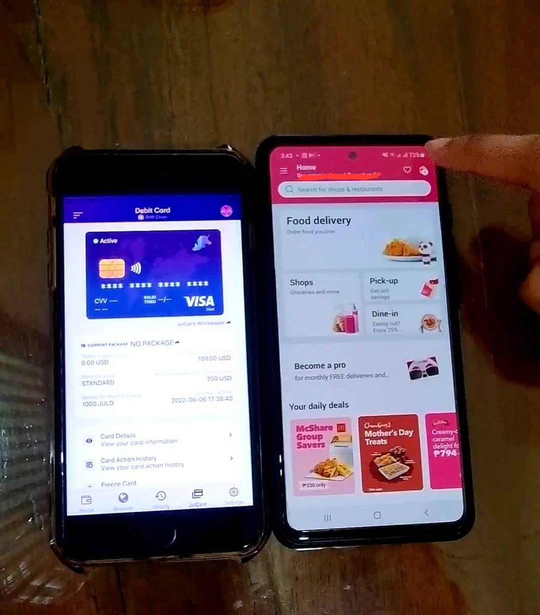 Take_a_move's tweet photo. It is my first time using the @JulWallet crypto Visa Card in the Philippines 🇵🇭🇵🇭

I ordered pizza 🍕 in the famous food app @foodpanda 🐼, It was smooth and fast.

Spending my crypto directly from my decentralized wallet @JulWallet
@Eljaboom  @tg_cryptos  @FIREDANCEJULSW1 #JULD https://t.co/R5FWEd8DsQ