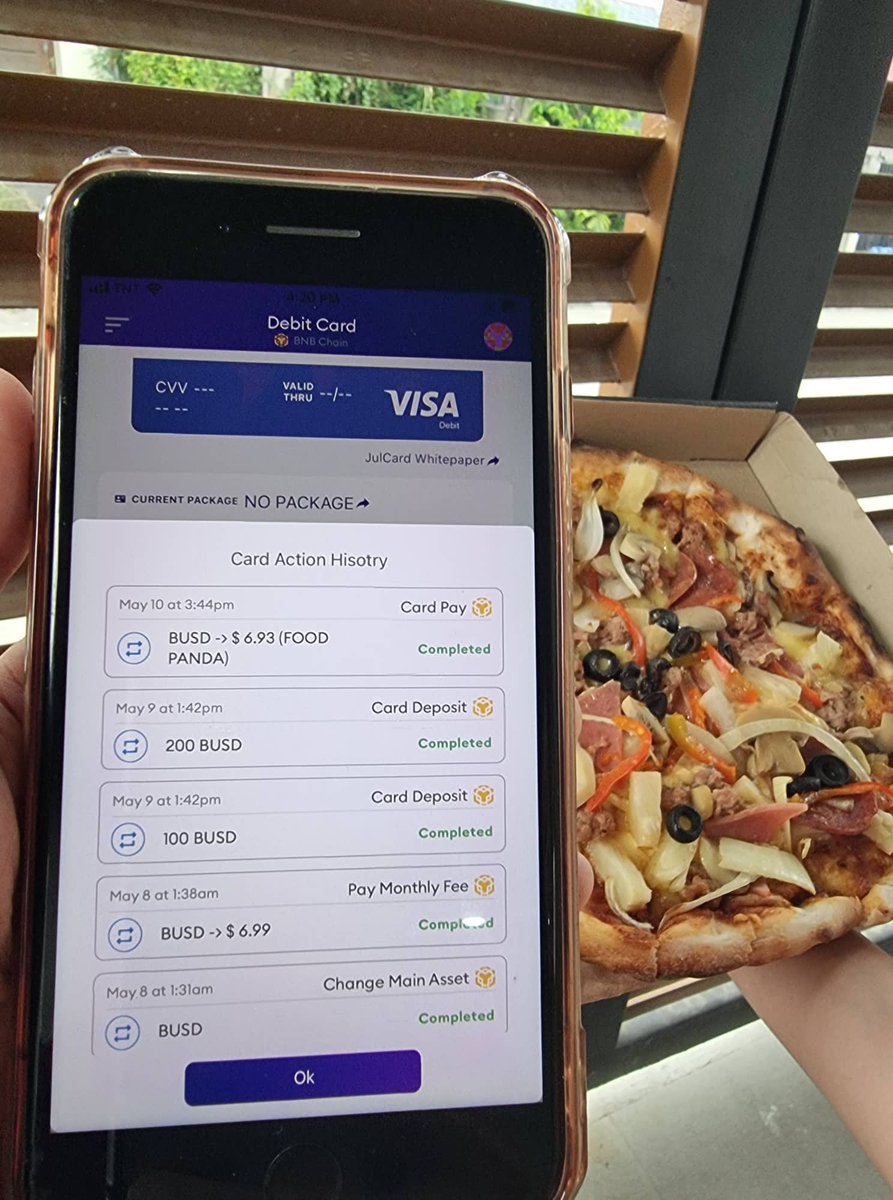Take_a_move's tweet photo. It is my first time using the @JulWallet crypto Visa Card in the Philippines 🇵🇭🇵🇭

I ordered pizza 🍕 in the famous food app @foodpanda 🐼, It was smooth and fast.

Spending my crypto directly from my decentralized wallet @JulWallet
@Eljaboom  @tg_cryptos  @FIREDANCEJULSW1 #JULD https://t.co/R5FWEd8DsQ