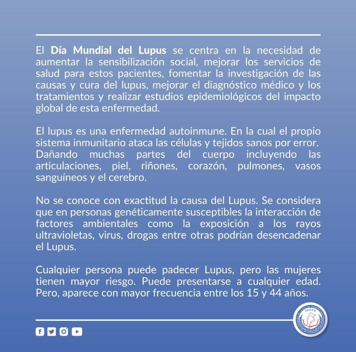 FACESVIRTUAL's tweet photo. 🌐 | Hoy 10 de Mayo

"DIA MUNDIAL DEL LUPUS".

✒ | Edición: @seicsunse

#FACES #worldlupusday #diamundialdelupus #10M https://t.co/TJ5fP2d4ly