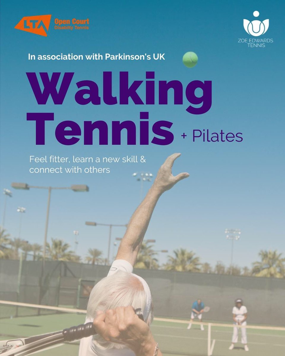 Looking forward to starting <a href="/WalkingTennis/">Walking Tennis</a> + Pilates with <a href="/ParkinsonsUK/">Parkinson's UK</a> 
 
“Being active is the one thing people with Parkinson’s can do to help themselves” 

”The improved balance and strength give you confidence to remain independent”
Thurs 11-12 £2.50 info@zoeedwardstennis.com
