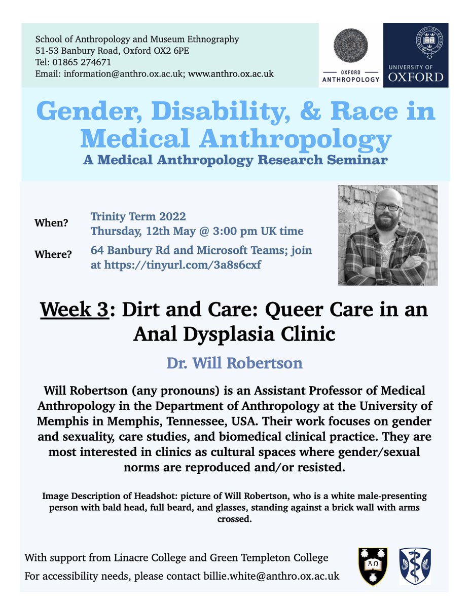 Our next talk is this Thursday May 12th at 3 PM UK time!

The talk is titled 'Dirt and Care: Queer Care in an Anal Dysplasia Clinic' and will be given by Dr. Will Robertson (any pronouns), assistant professor in <a href="/memphisanthro/">Memphis Anthropology</a>. 

For more details, see poster attached