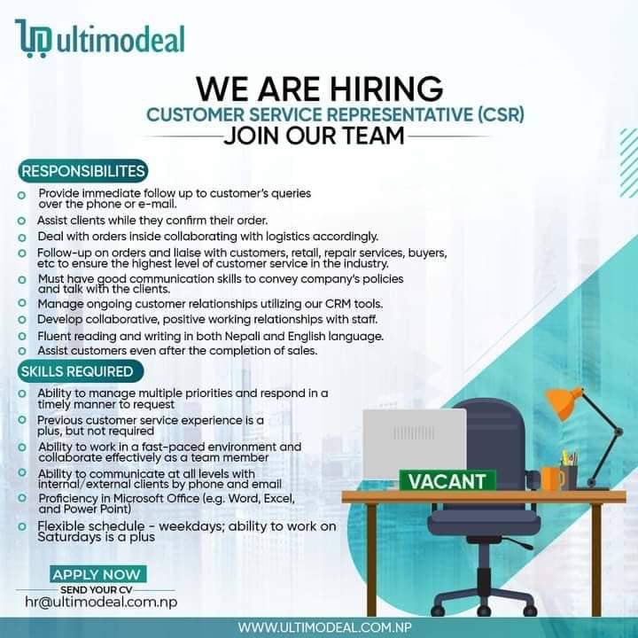 InternMa's tweet image. Internship opportunity ⚠️

Ultimodeal is looking for energetic and sincere employees to join our team. Get an opportunity to work in one of the rising E-commerce companies in Nepal.

Interested candidates can drop their CV at hr@ultimodeal.com.np
