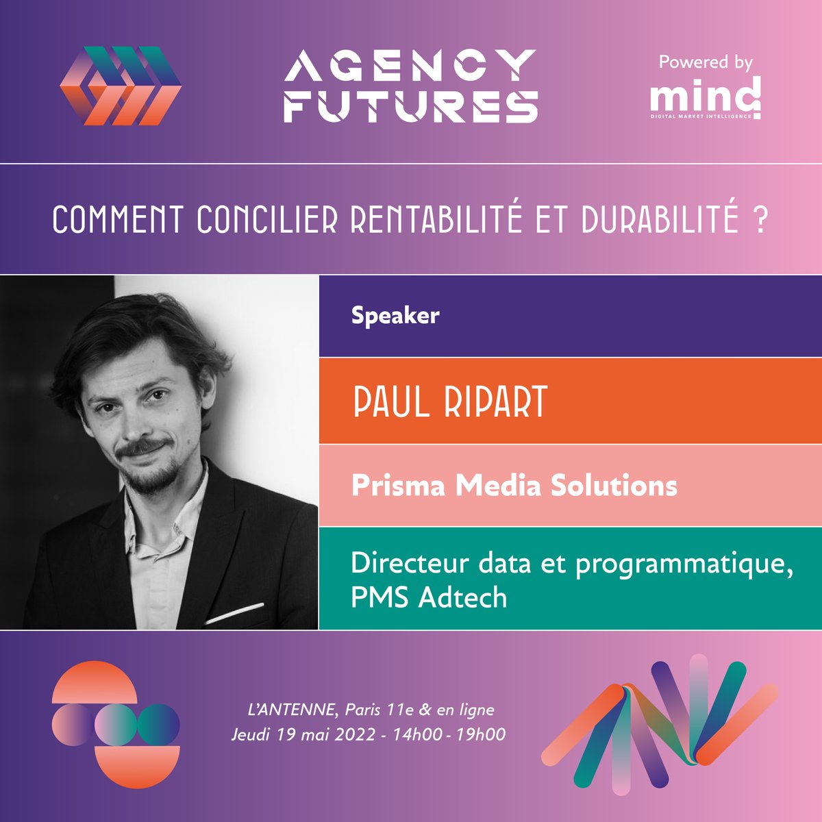 _mind's tweet photo. 🟠 COMMENT CONCILIER RENTABILITÉ ET DURABILITÉ ?

@Paul_Rpt, Directeur Commercial Data et programmatique PMS chez @PrismaMediaS sera sur scène lors de la quatrième édition d’#AgencyFutures le 19 mai (Paris 11e).

Billetterie➡ https://t.co/O6PcAa9AmE https://t.co/b5rwkrQD4y