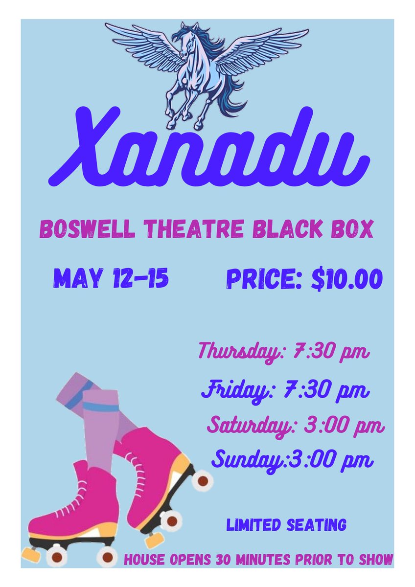 BoswellTheatre's tweet photo. Come see Xanadu this Thursday through Sunday!!! Adult tickets are $10 and student tickets are $8. You won’t want to miss this show! https://t.co/aR0z165Lp0