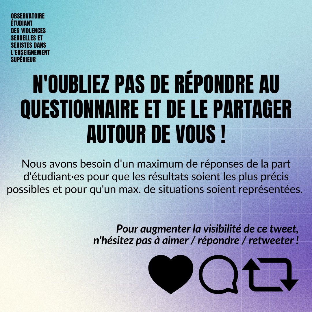 📣 L’<a href="/ObservatoireVSS/">Observatoire des VSS dans l’ESR</a> lance le #BaromètreVSSétudiant !

➡️ Pour répondre au questionnaire : surveyhero.com/c/97iv3ece

Les objectifs :
- mesurer l’ampleur des #violencessexistesetsexuelles dans l’Enseignement supérieur 

- évaluer l’impact de ces violences sur les victimes (1/3)