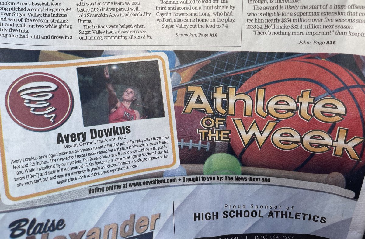 avery_dowkus's tweet photo. Thankful to be voted Athlete of the Week in the News-Item!! @NIsports @JK_SpeedKillz @Get__Recruited @nationalthrows @CULionsXCTF @CornellTFXC @Bucknell_TFXC @PennStateTFXC @TerrierTFXC @LehighTFXC https://t.co/oPaCiUDM1b
