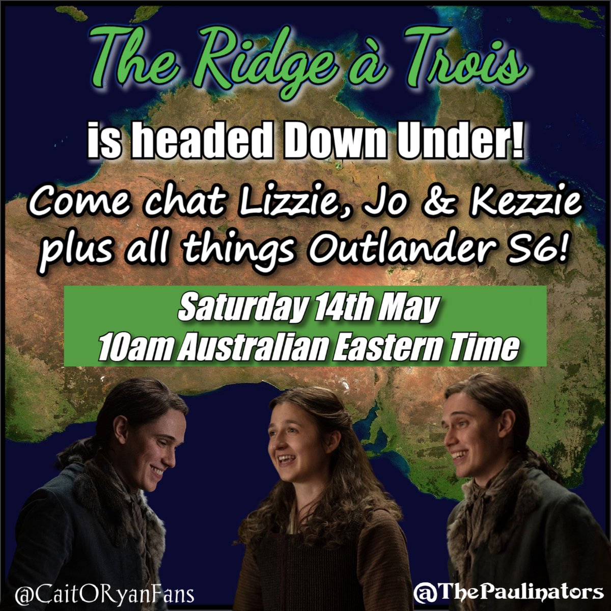 CaitORyanFans's tweet photo. The Ridge à Trois Down Under? Yes virtually! We'll chat Lizzie, Jo & Kezzie & #Outlander S6 at a time friendly to our friends in Australia & New Zealand.
But the whole world is welcome!
Saturday 14 May-10am AEST
(that's Friday 13 May-7pm Central US)
Signup https://t.co/UVbiEJMGQK https://t.co/9GsaXJULyz