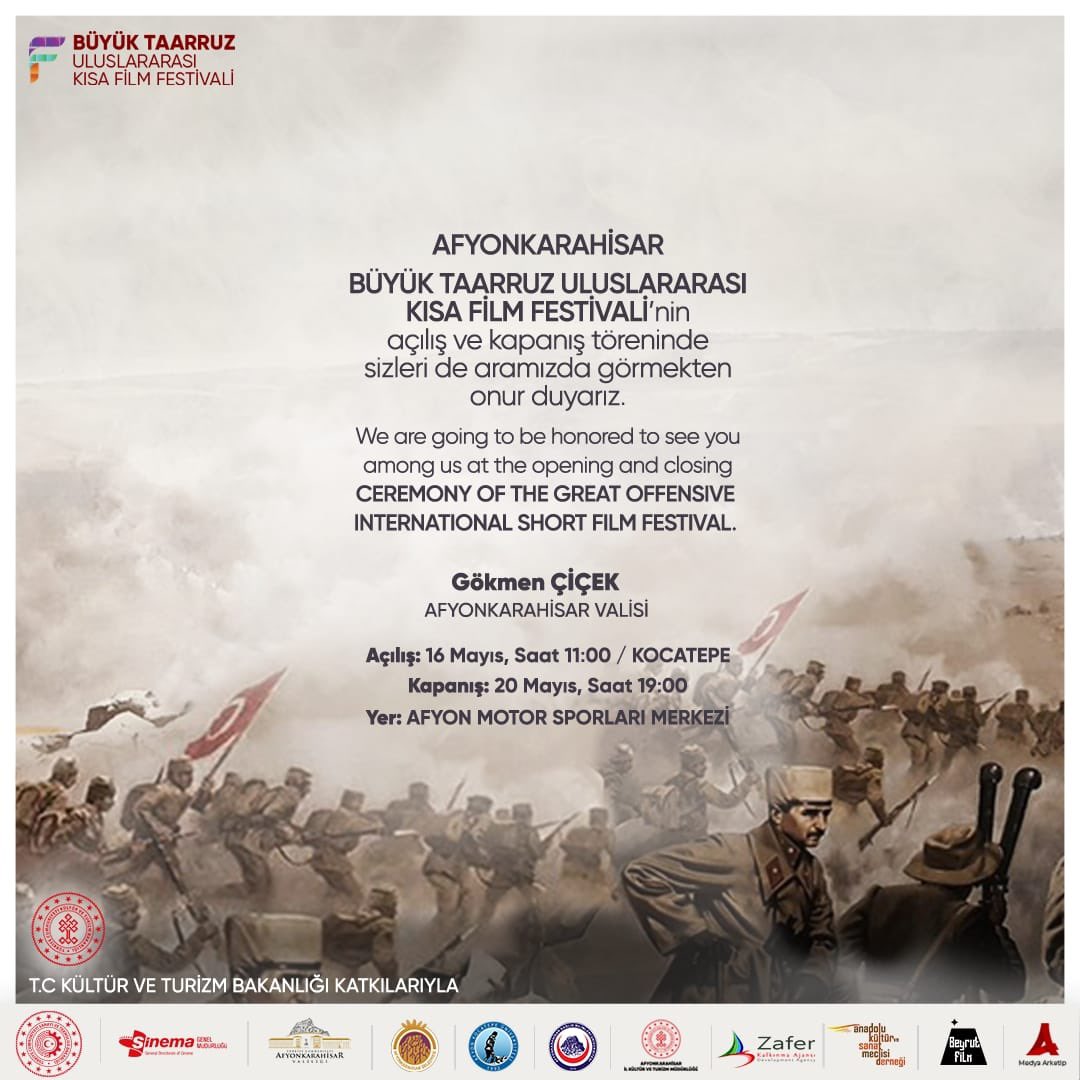 gokmen_cicek_'s tweet photo. Zaferin 100.yılında zaferin kazanıldığı topraklarda düzenlediğimiz Afyonkarahisar büyük taarruz uluslararası kısa film festivaline davetlisiniz. https://t.co/j9JWh0nCGo