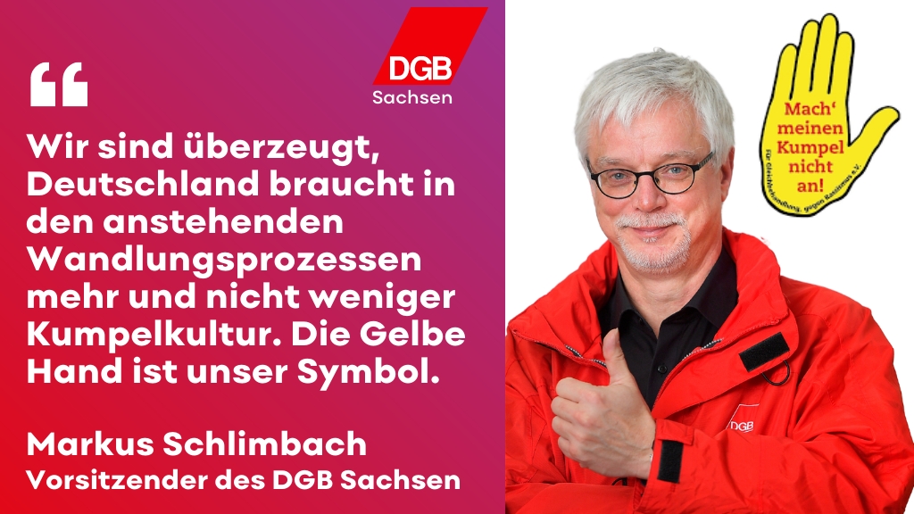 dgb_sachsen's tweet photo. Vielen Dank an die Delegierten des #dgb22! Starke Reden, Antrag des #DGB Sachsen einstimmig angenommen! #Rechtsextremismus bekämpfen. #Demokratie verteidigen. Klare Kante gegen Rechts! Die Gelbe Hand ist unser Symbol! #ZukunftGestaltenWir #GelbeHand @dgb_news @igbce https://t.co/pgegTCjRZV