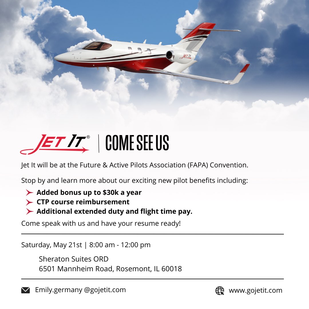 GoJetIt_'s tweet photo. Pilots! Come see us at FAPA on Saturday, May 21st from 8-12 p.m. at Sheraton Suites ORD.
Stop by to learn more about our exciting new pilot benefits!
#GoJetIt #Hiring #Pilots #FAPA https://t.co/wxqPZmTJGh