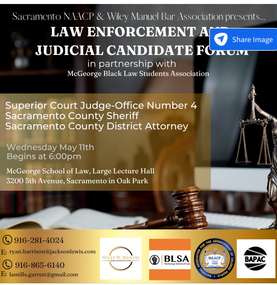 SacObserver's tweet photo. Law Enforcement and Judicial Candidate Forum May 11 - On Wed. May 11 at 6 p.m., the @SacramentoNAACP and #WileyManuelBarAssociation will present a Law Enforcement and Judicial Candidate Forum. #AlanaMatthews #JimCooper #MyrlysStockdaleColeman https://t.co/ygFkXhmo6v https://t.co/WFdxZUThMv