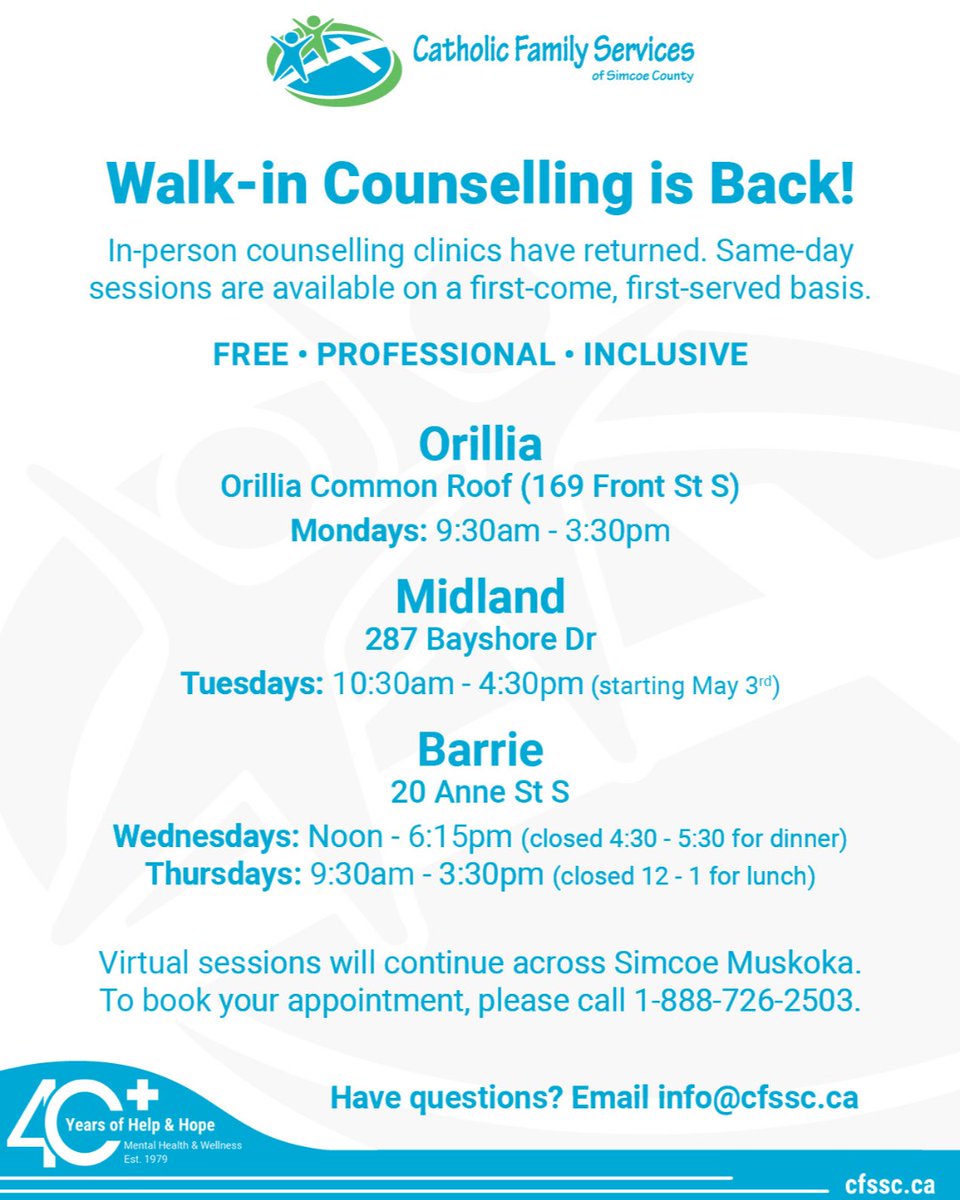 #CFSSC's Walk-in Counselling Clinics are back in #Barrie #Orillia &amp; #Midland! Virtual clinics remain across Simcoe Muskoka. If you want to talk, our professional clinicians are here to listen.  Always Free-Inclusive-Accessible cfssc.ca  #CFSSC #MentalHealthIsHealth