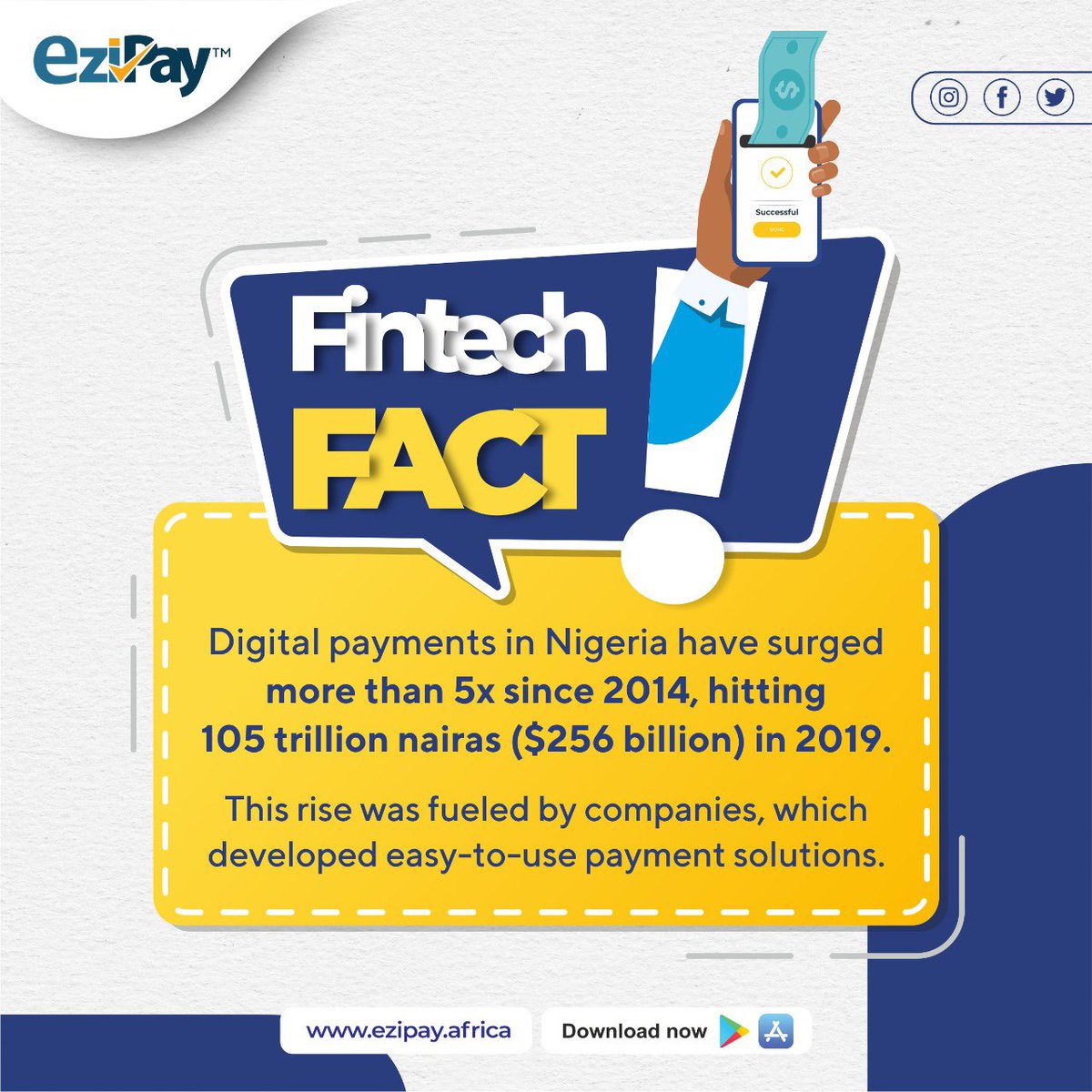 EzipayC's tweet photo. In 2019 Nigerians transferred over 105 trillion Naira or $256 billion. The rise has been backed by FinTech companies across Africa. Electronic payments are growing fast and EziPay is proud to be a part of this revolution! https://t.co/KxwZN8LiRS
