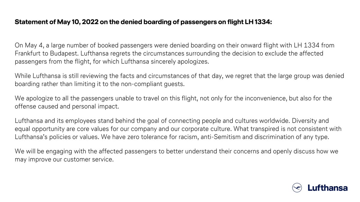 lufthansaNews's tweet photo. Lufthansa regrets the circumstances surrounding the decision to exclude passengers from flight LH 1334 on May 4. Lufthansa sincerely apologizes. Please find our statement below: https://t.co/kTCGxxQfen