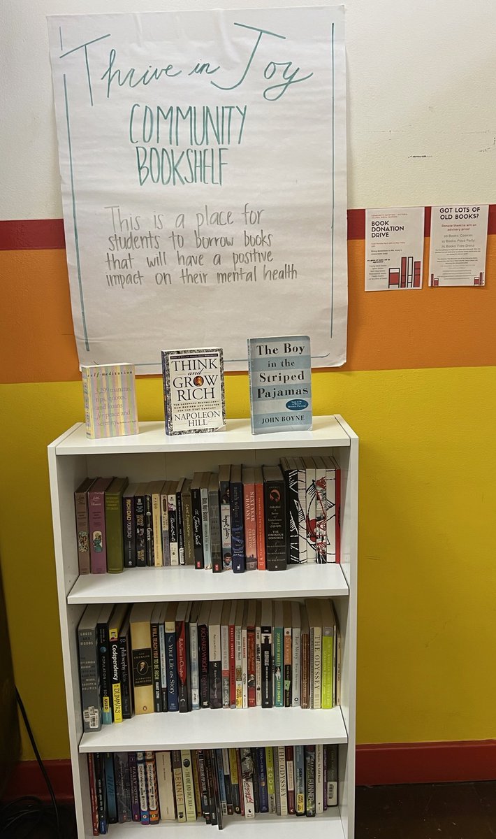 TJNFF's tweet photo. @esperanza_usc students organized a book drive for their #ClubThriveinJoy senior community action project to raise awareness and support for student mental health. So far, 100+ books have been donated and the students are adding a 2nd bookshelf for more donations! https://t.co/BHVTJkTSzZ