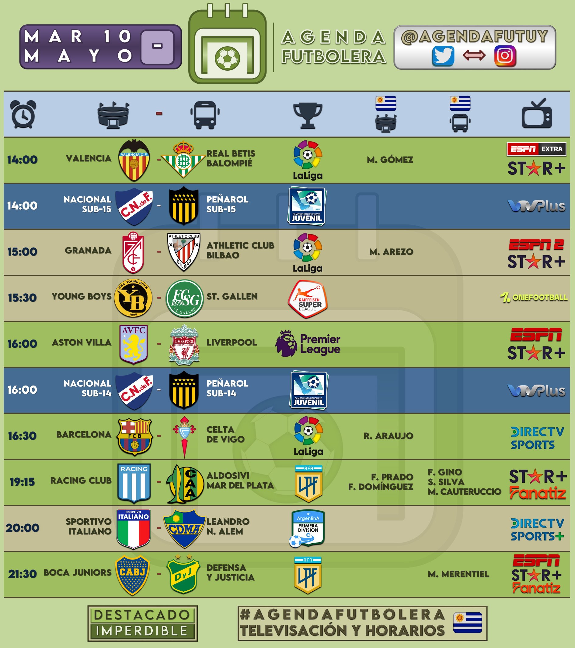 AgendaFutbolera on Twitter: "#AgendaFutbolera 🗓️⚽ @AgendaFutUY 👥🔗 📆 MARTES 10/05 🇺🇾 Clásicos @JuvenilesAUF ✓ Sub-15 ✓ Sub-14 ➡️ La Liga ➡️ Premier League 🏴󠁧󠁢󠁥󠁮󠁧󠁿 Liga Argentina 🇦🇷 ➡️ Liga Suiza ...