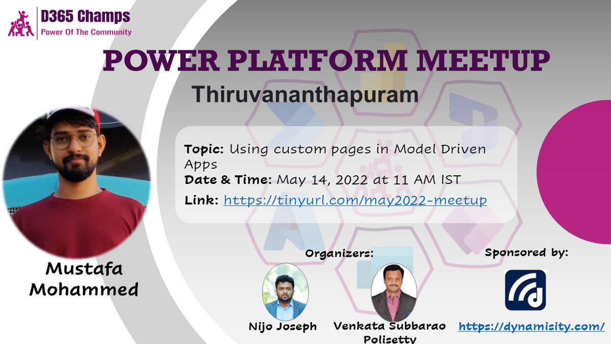 champs_d365's tweet photo. #PowerPlatform Meetup is back
Meet Musthafa Mohammed on 14th May' 2022 at 11:00 am IST (UTC+5:30), "Using Custom Pages in Model Driven Apps"
Link: https://t.co/g3vUh3D0Wp
See you all this Saturday!
#D365Champs #PowerAddicts #CustomPages #ModelDrivenApp https://t.co/NVLmXhEWga